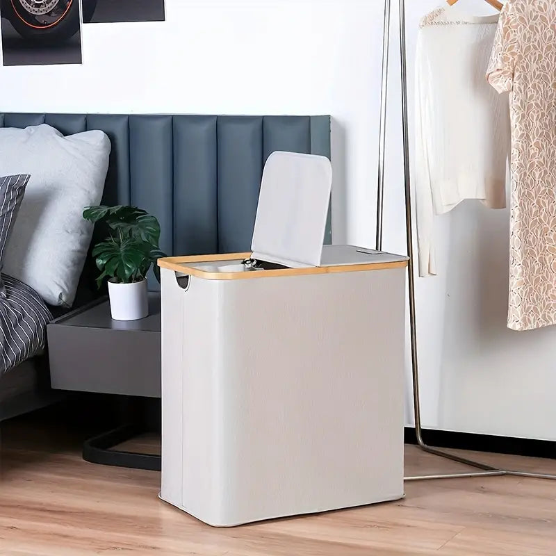 50% RABATT | DuoHamper™ | 140L Wäschekorb mit 2 Fächern & Deckel – Faltbarer Wäschesammler aus Oxford-Gewebe mit Bambusgriffen