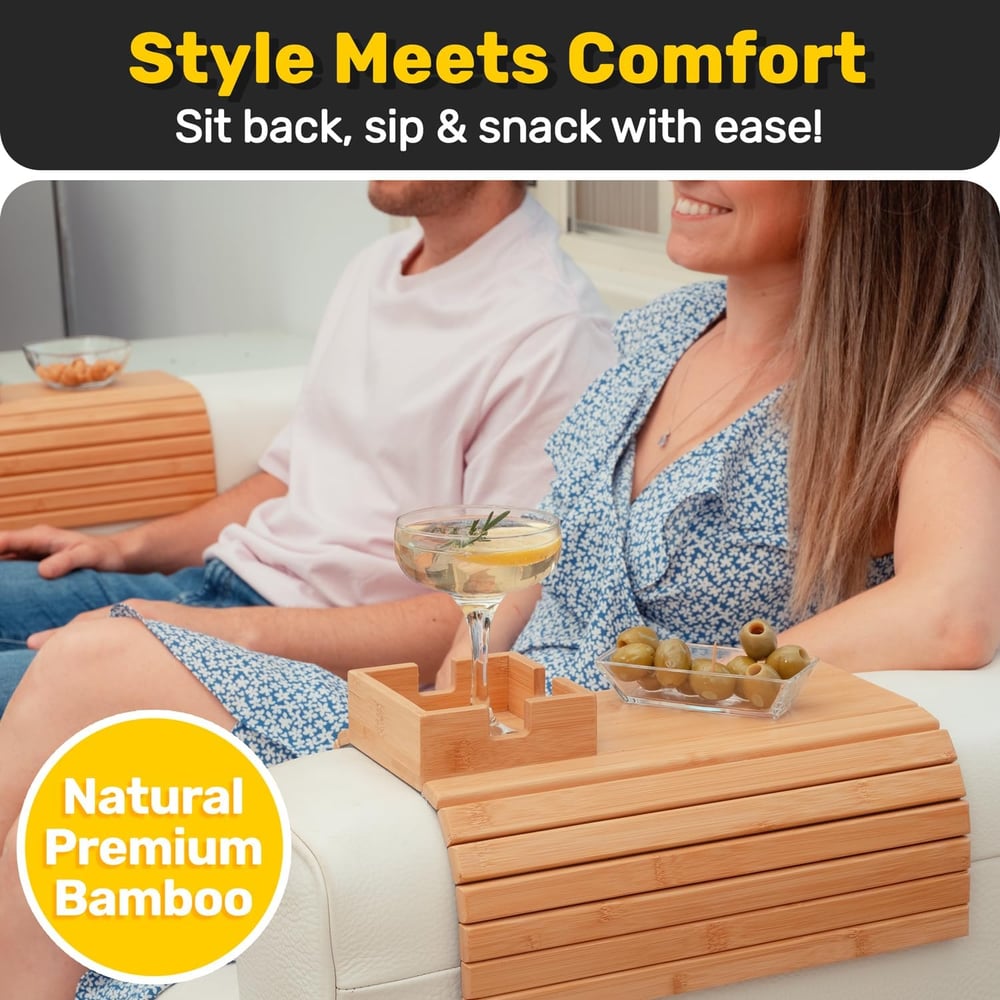 BambooEase™ | Bambus Armlehnen Tablett — Umweltfreundlicher Becher- und Snackhalter für das Sofa
