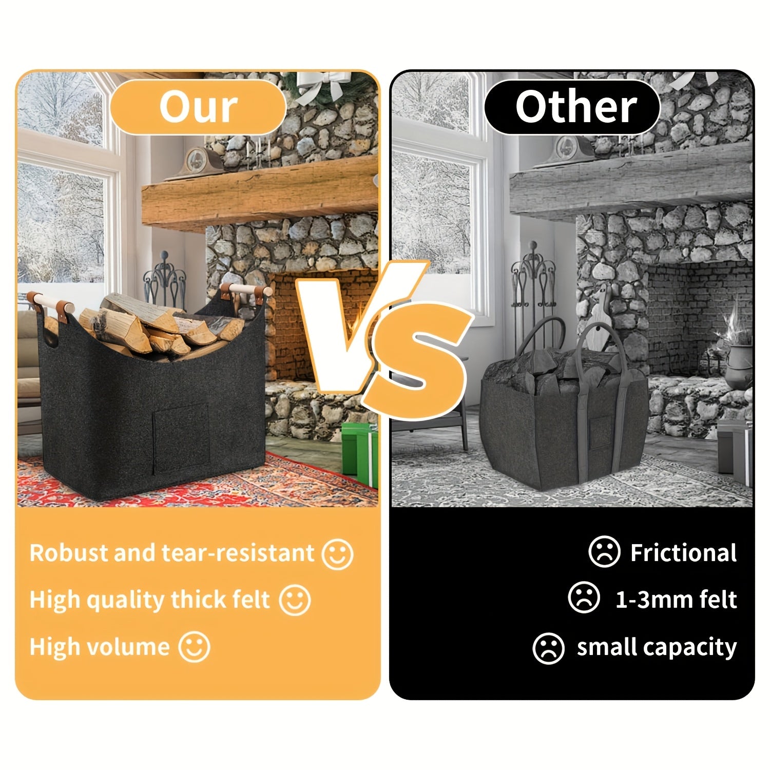 FELDURA™  | Filz Kaminholzkorb 55 L mit Holzgriffen & Lederdetails