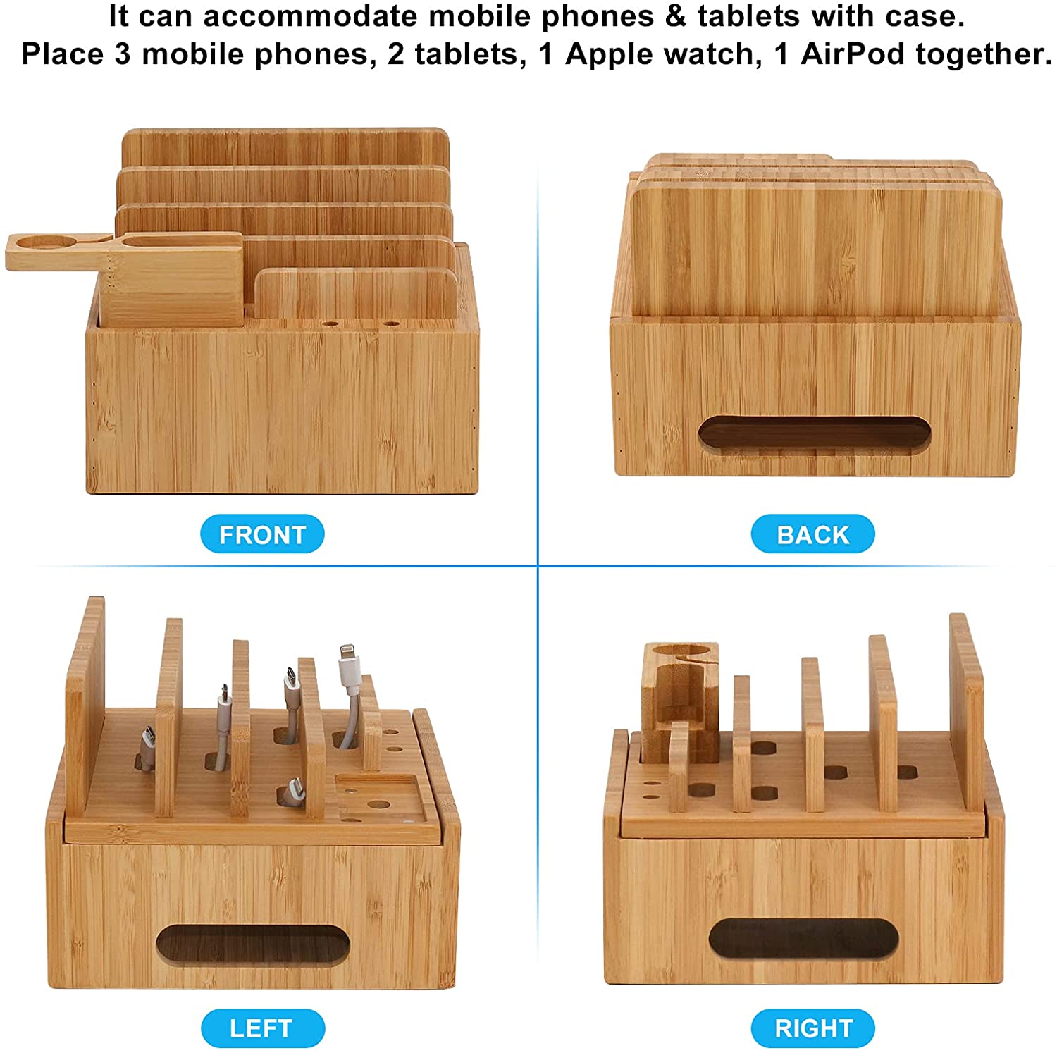 Tekavo™ |  ChargeDock Ladestation aus Bambus | 5-Port USB & Organizer | Für Smartphone, Tablet & Smartwatch | Inkl. Kabelset