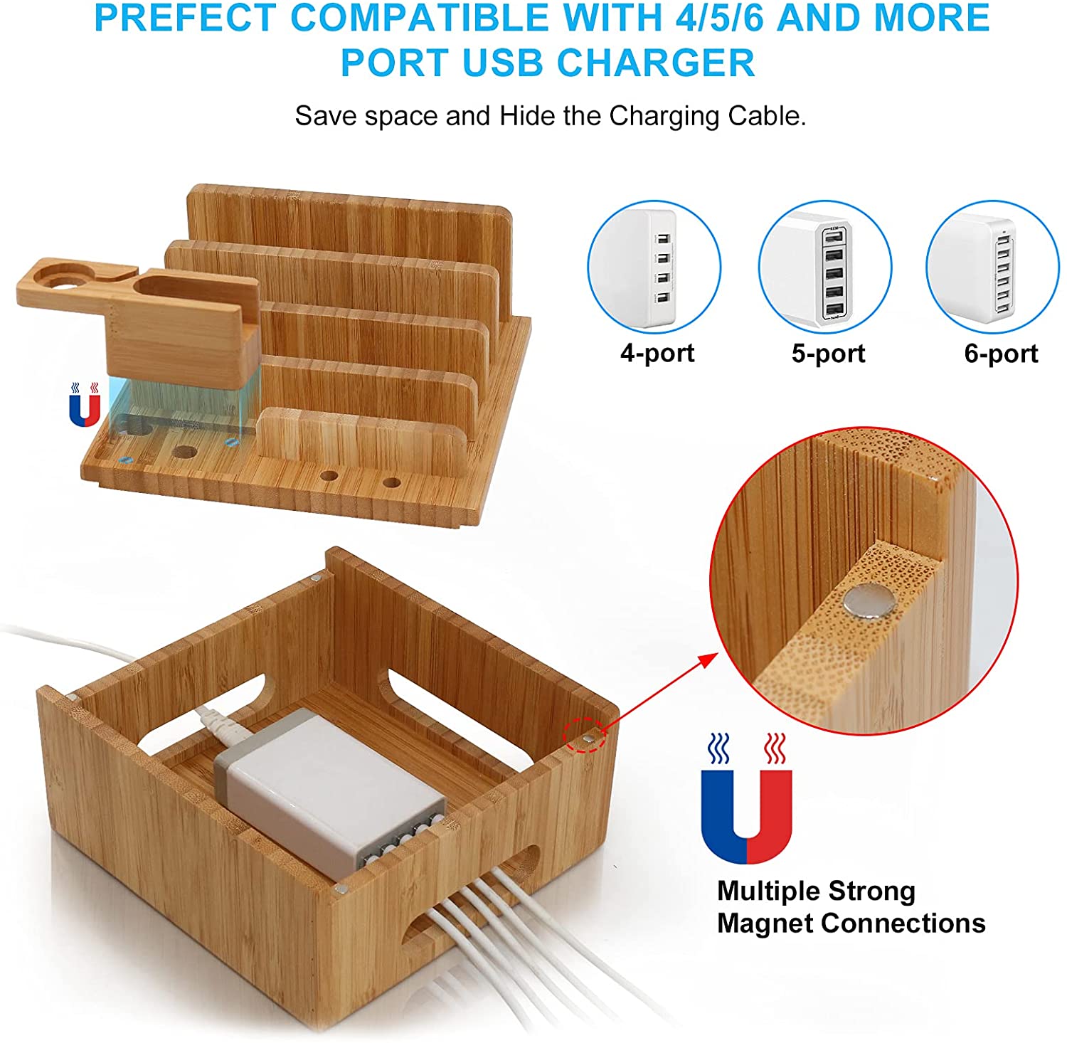 Tekavo™ |  ChargeDock Ladestation aus Bambus | 5-Port USB & Organizer | Für Smartphone, Tablet & Smartwatch | Inkl. Kabelset