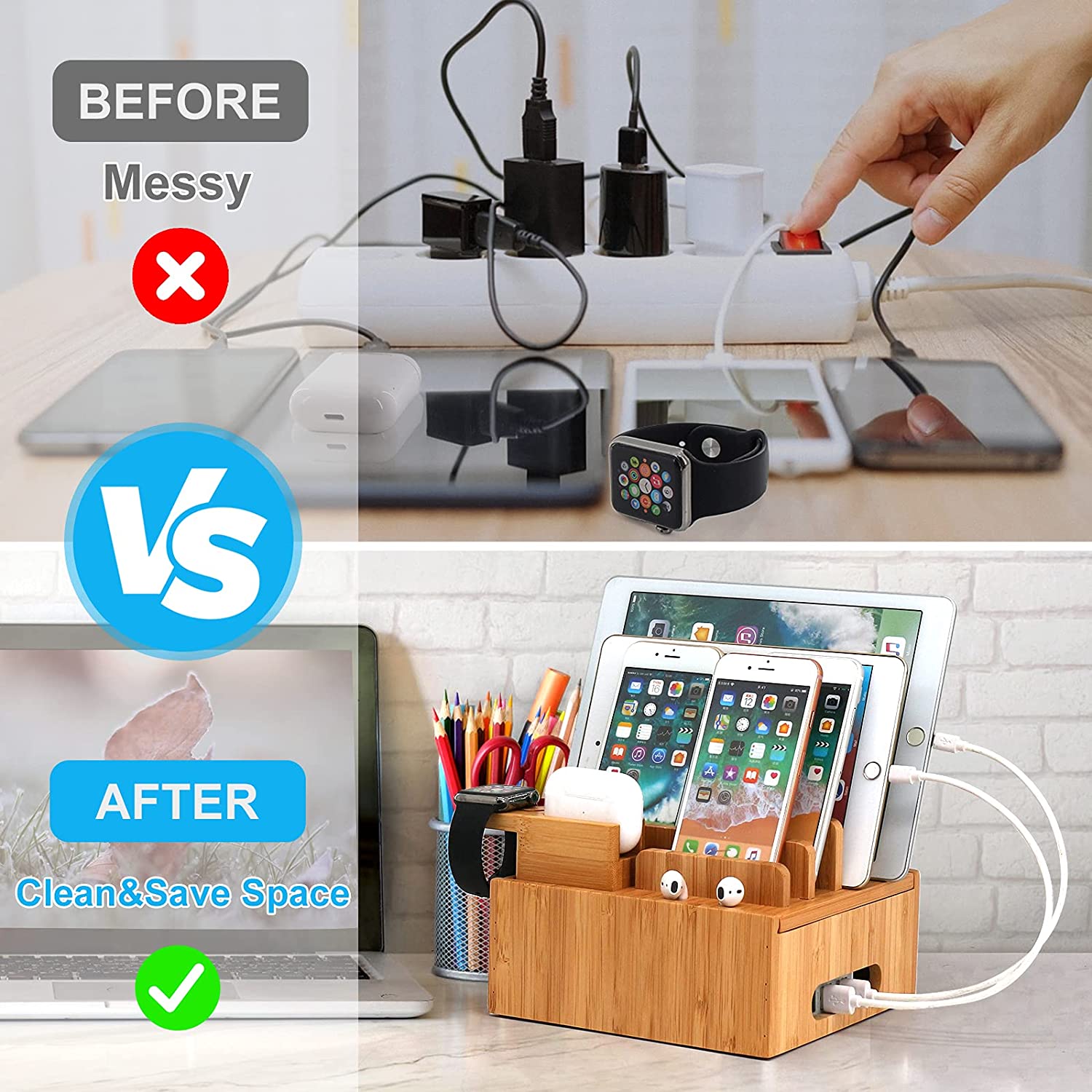 Tekavo™ |  ChargeDock Ladestation aus Bambus | 5-Port USB & Organizer | Für Smartphone, Tablet & Smartwatch | Inkl. Kabelset