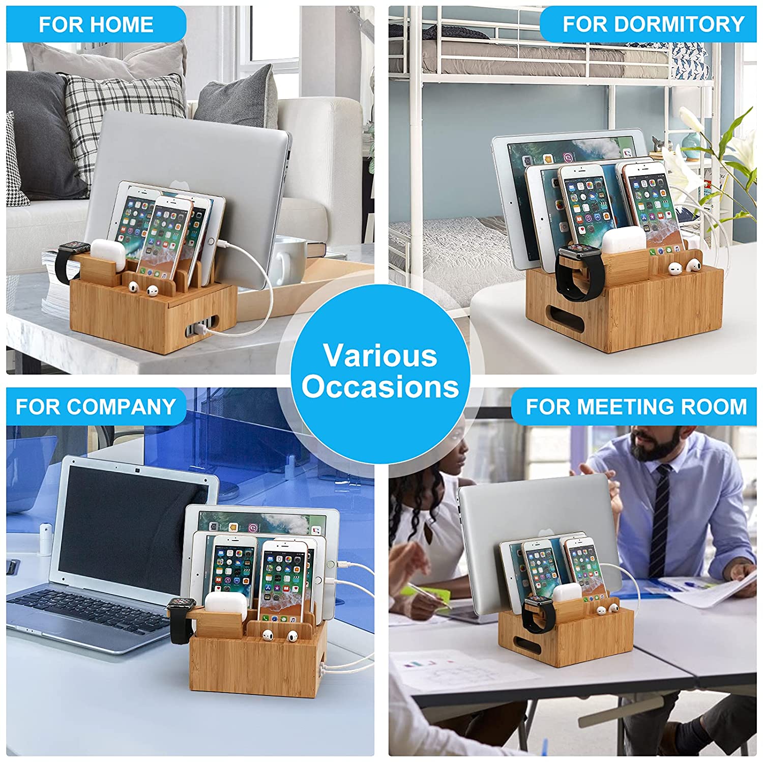 Tekavo™ |  ChargeDock Ladestation aus Bambus | 5-Port USB & Organizer | Für Smartphone, Tablet & Smartwatch | Inkl. Kabelset