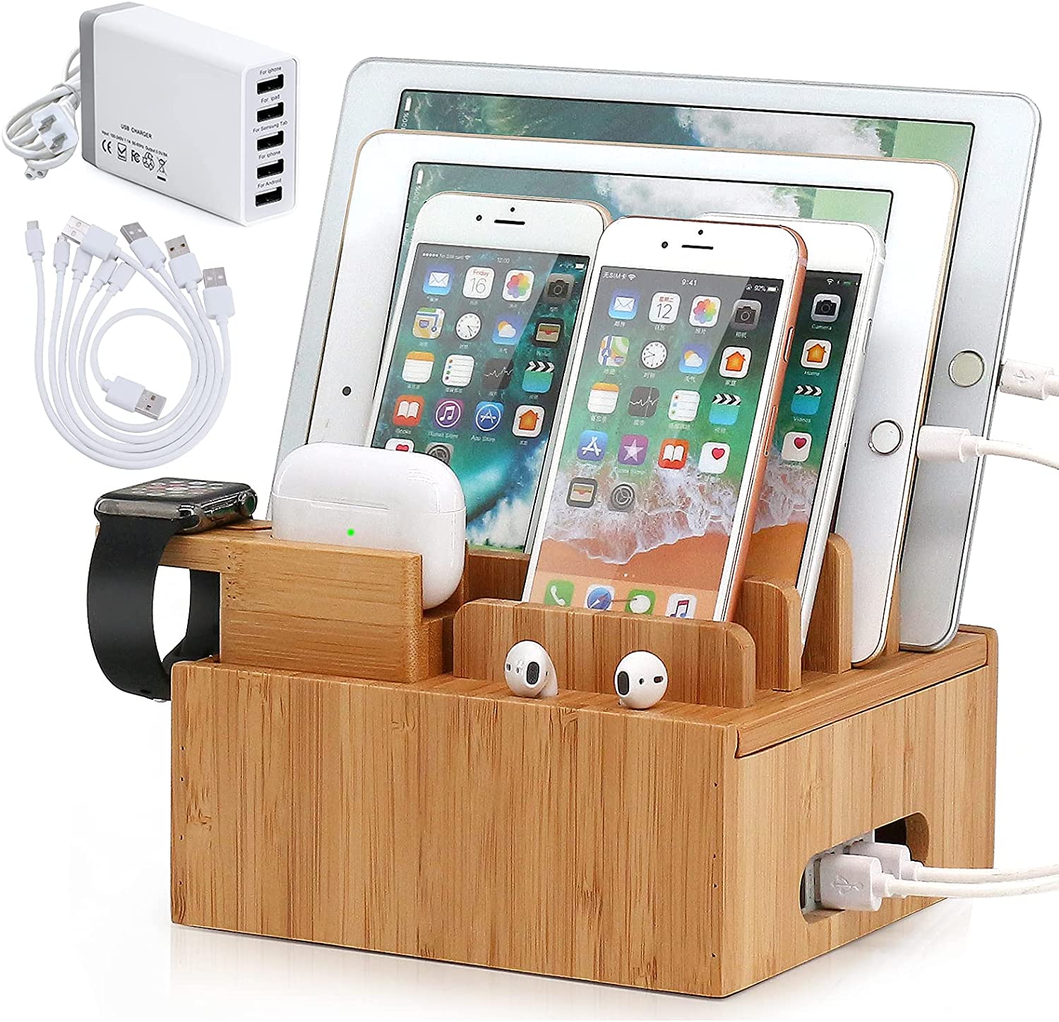 Tekavo™ |  ChargeDock Ladestation aus Bambus | 5-Port USB & Organizer | Für Smartphone, Tablet & Smartwatch | Inkl. Kabelset