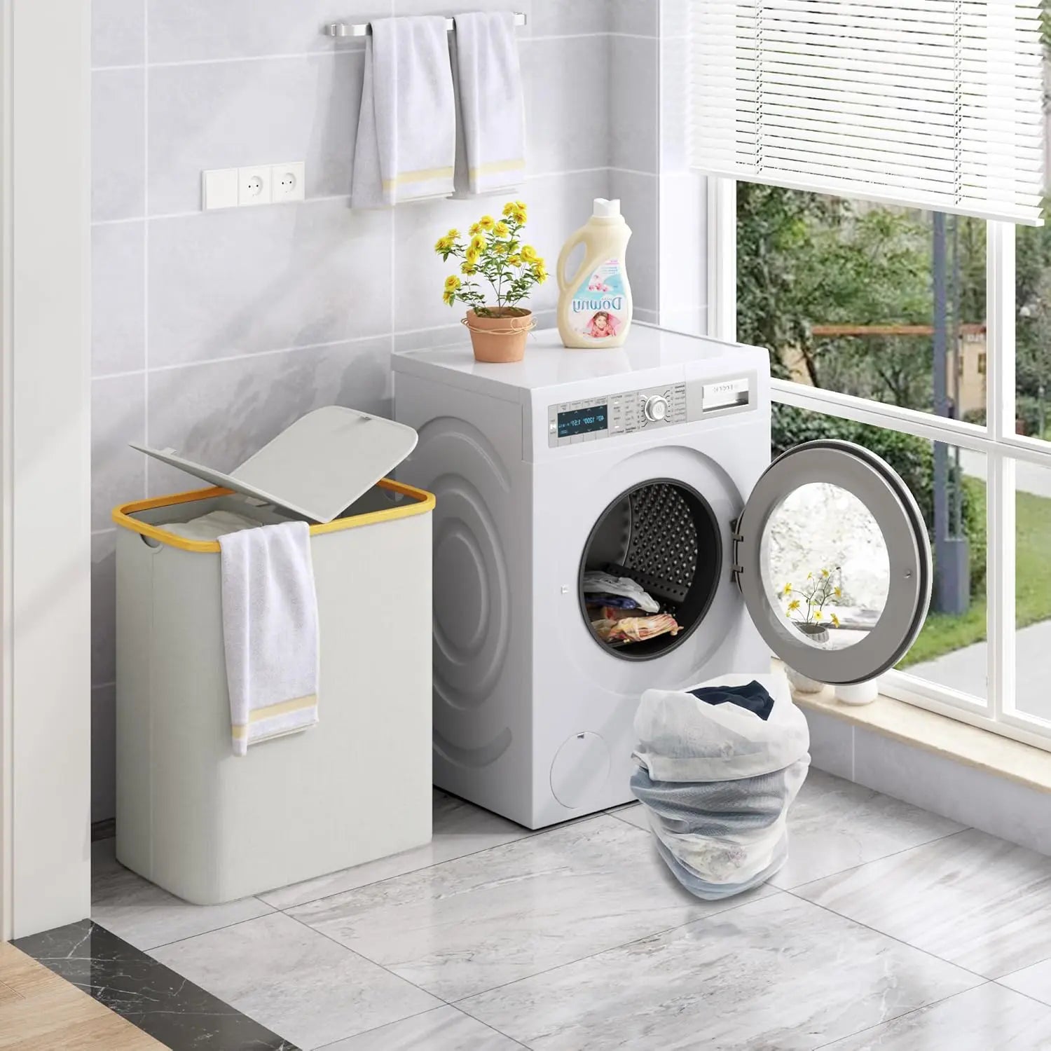 50% RABATT | DuoHamper™ | 140L Wäschekorb mit 2 Fächern & Deckel – Faltbarer Wäschesammler aus Oxford-Gewebe mit Bambusgriffen