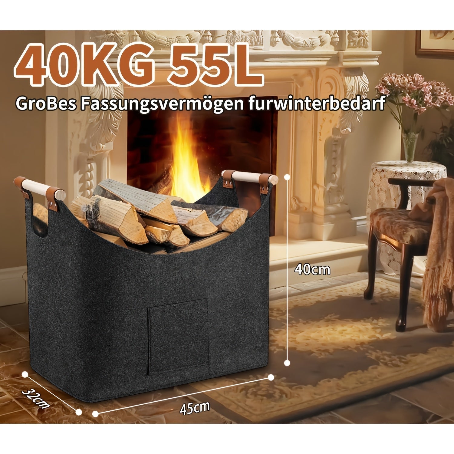FELDURA™  | Filz Kaminholzkorb 55 L mit Holzgriffen & Lederdetails
