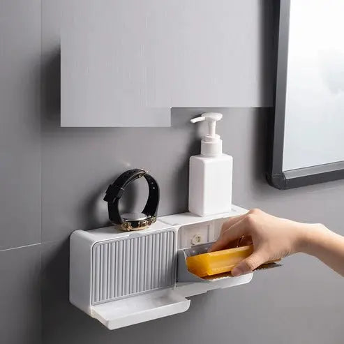 Stick’n'Soap™ | Wand-Seifenhalter mit Klappdeckel – Hält Seife trocken dank Wasserablauf