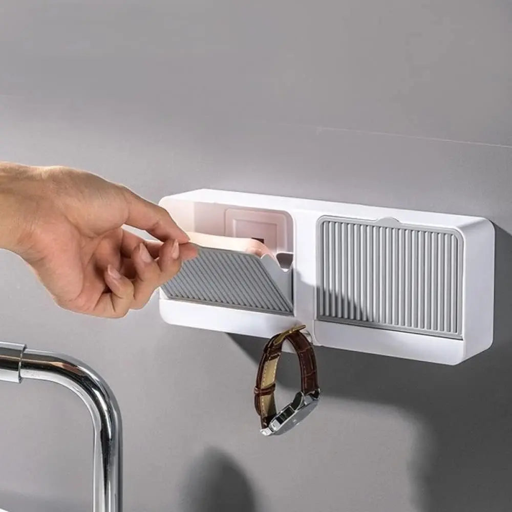 Stick’n'Soap™ | Wand-Seifenhalter mit Klappdeckel – Hält Seife trocken dank Wasserablauf