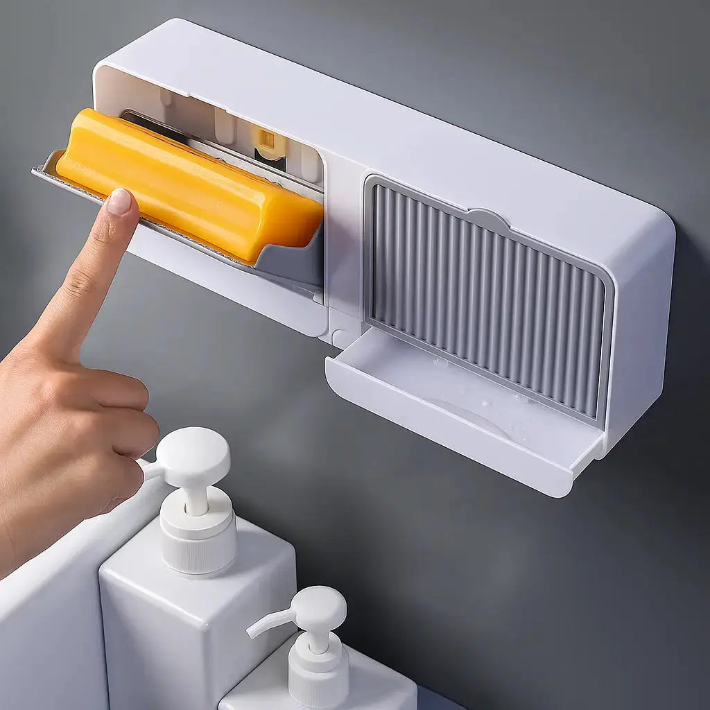 Stick’n'Soap™ | Wand-Seifenhalter mit Klappdeckel – Hält Seife trocken dank Wasserablauf