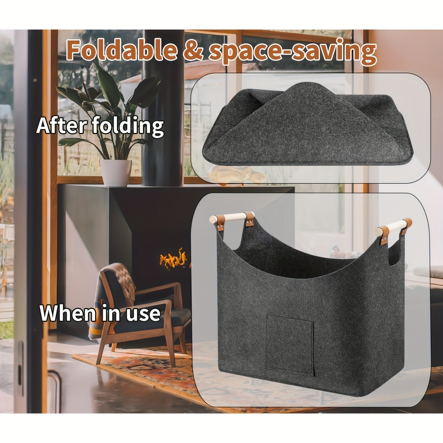 FELDURA™  | Filz Kaminholzkorb 55 L mit Holzgriffen & Lederdetails