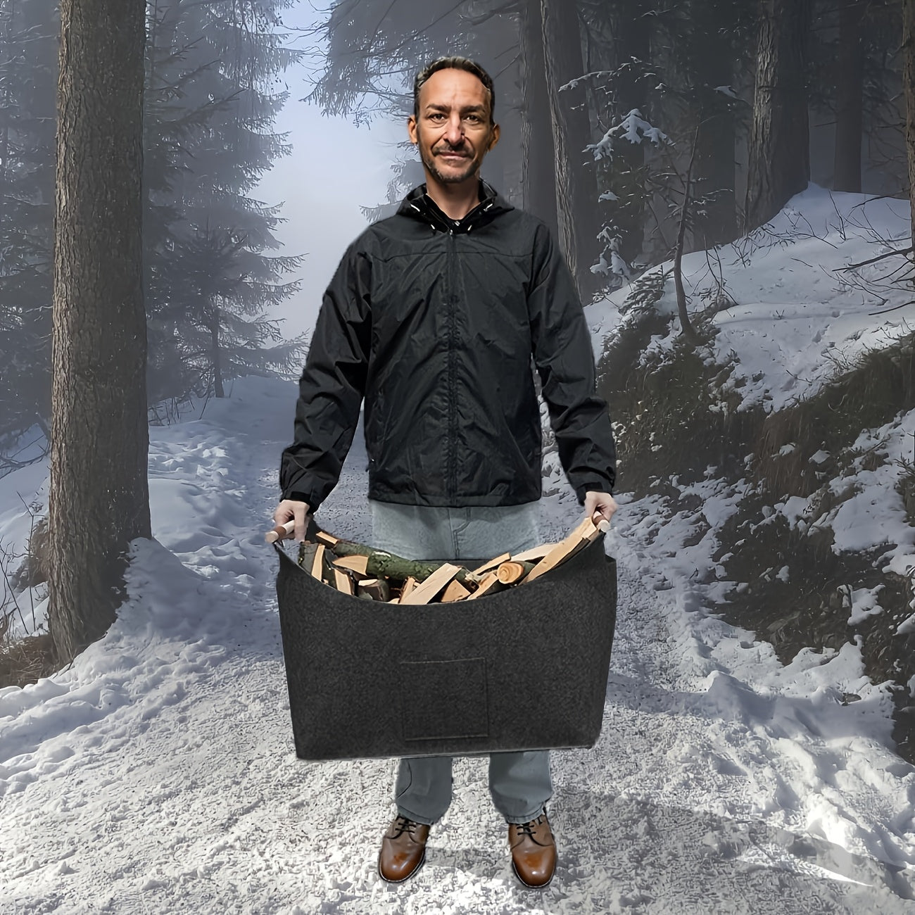 FELDURA™  | Filz Kaminholzkorb 55 L mit Holzgriffen & Lederdetails