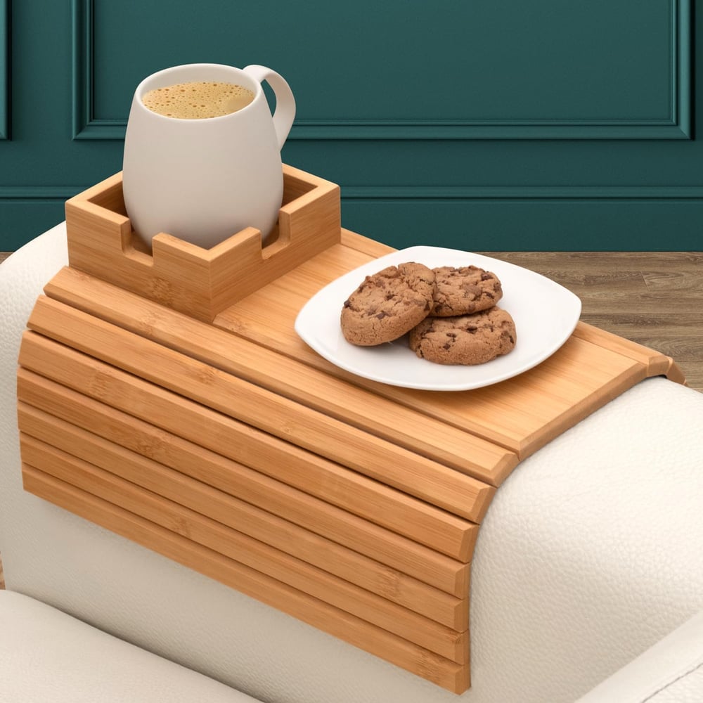 BambooEase™ | Bambus Armlehnen Tablett — Umweltfreundlicher Becher- und Snackhalter für das Sofa