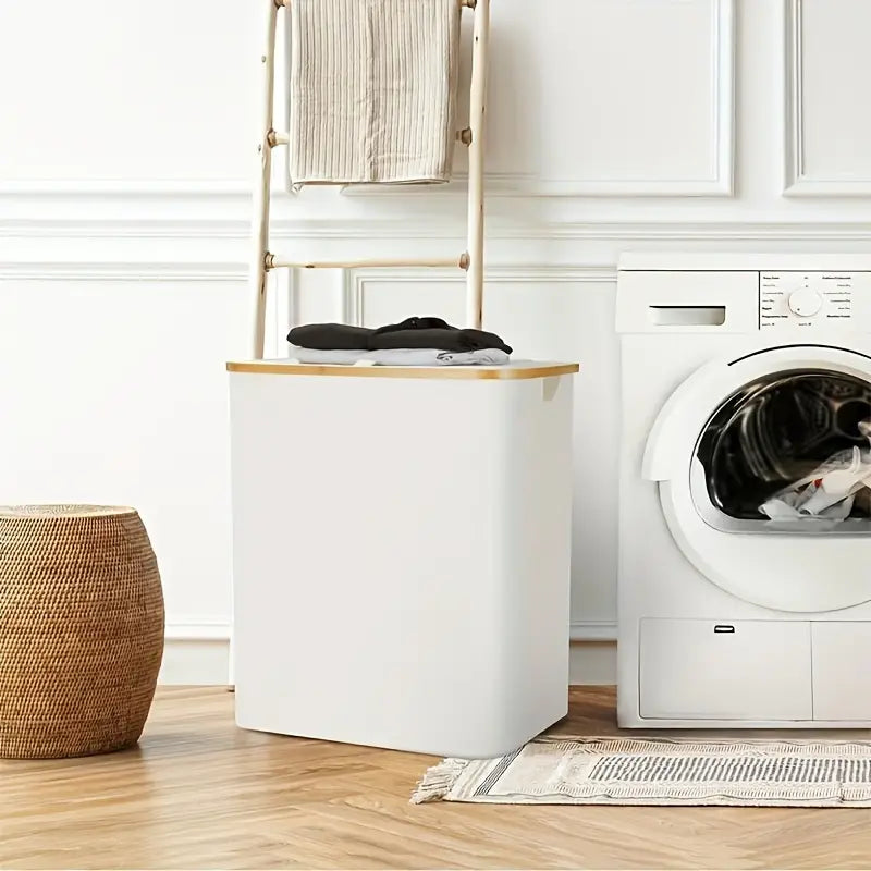 50% RABATT | DuoHamper™ | 140L Wäschekorb mit 2 Fächern & Deckel – Faltbarer Wäschesammler aus Oxford-Gewebe mit Bambusgriffen