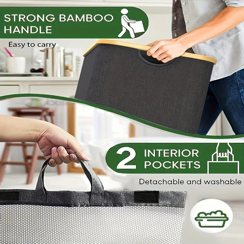 50% RABATT | DuoHamper™ | 140L Wäschekorb mit 2 Fächern & Deckel – Faltbarer Wäschesammler aus Oxford-Gewebe mit Bambusgriffen