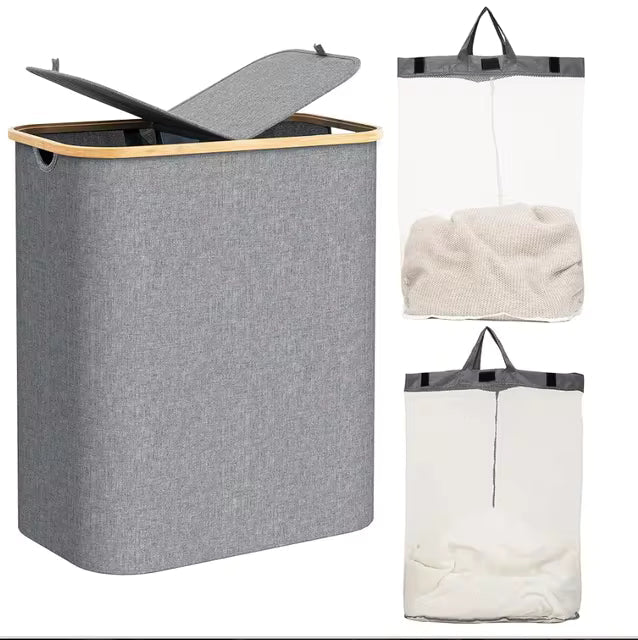 50% RABATT | DuoHamper™ | 140L Wäschekorb mit 2 Fächern & Deckel – Faltbarer Wäschesammler aus Oxford-Gewebe mit Bambusgriffen